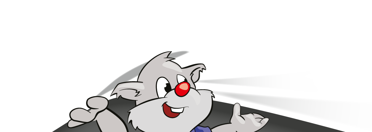 Maskottchen Fynn schaut unter Vorhang hervor